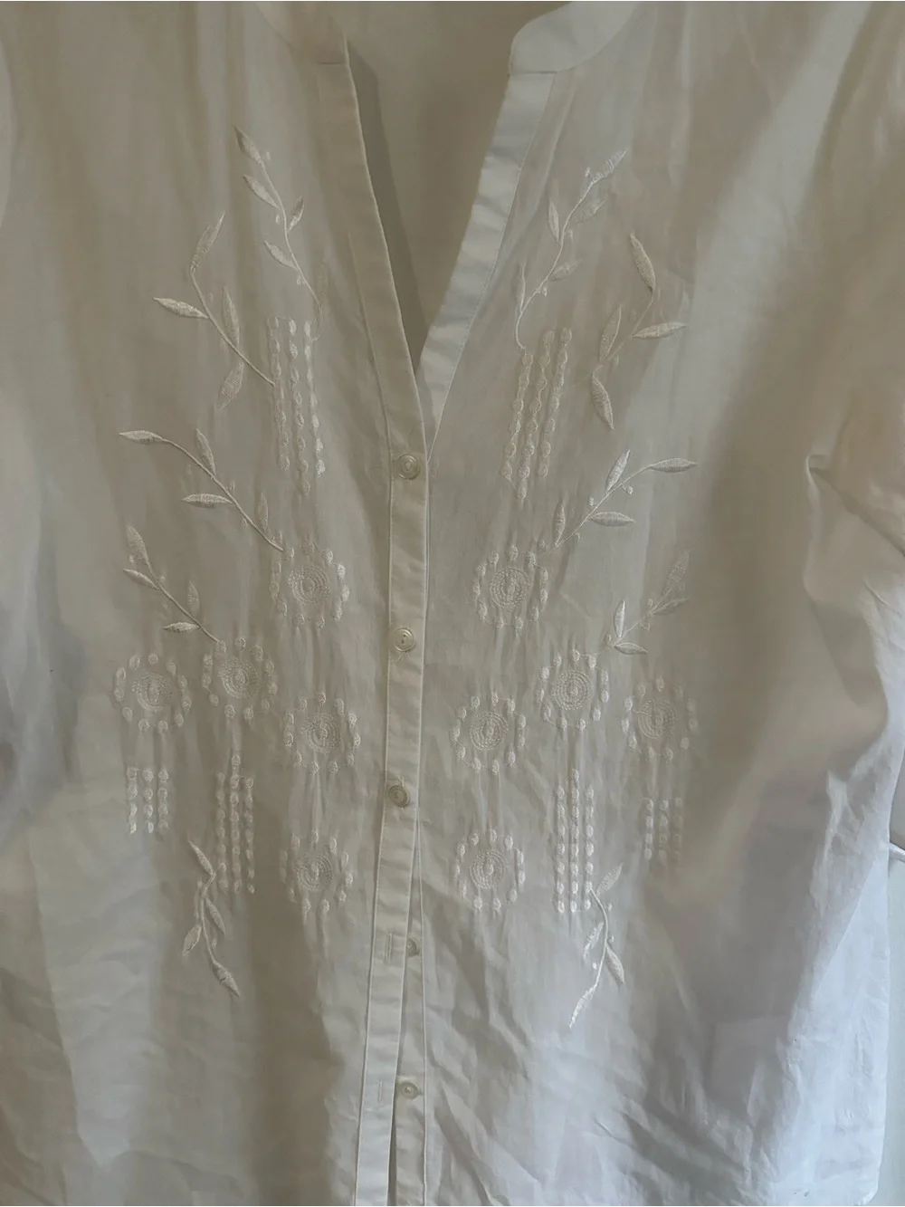 LOFT Women's White Embroidered Cotton Button Front Roll Tab Blouse Top Medium M